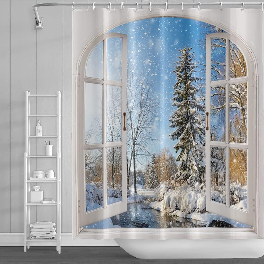 Winter Snow Scene Shower Curtain 180cm x 180cm Blue Sky Christmas Tree River Holiday Bath Curtain