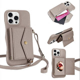iPhone 14 Pro Case Horizontal Card Pocket Litchi Texture Long Cord Grey
