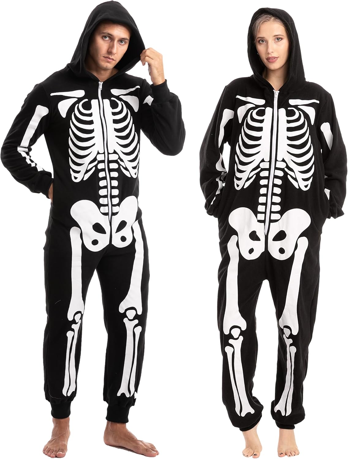 Unisex Skeleton Onesie Pajamas Plush Skeleton Jumpsuit Zipper Halloween Hoodie Pajamas for Adults Sleepwear Costume Black XL