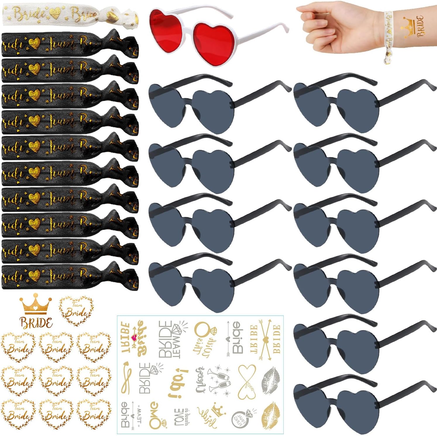 Party Sunglasses Heart Shaped Sunglasses, Bride to Be Heart Glasses Set, JGA Glasses Team Bride Bracelet, Bride Tattoo Stickers Tz-black