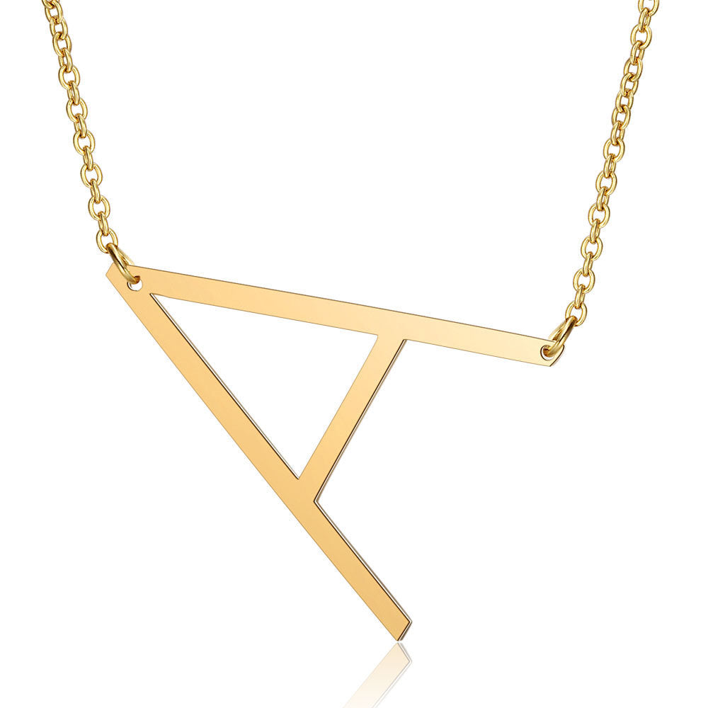 Gold Side Block Shaped Initial Letter Necklace for Women Stainless Steel English Letter AA