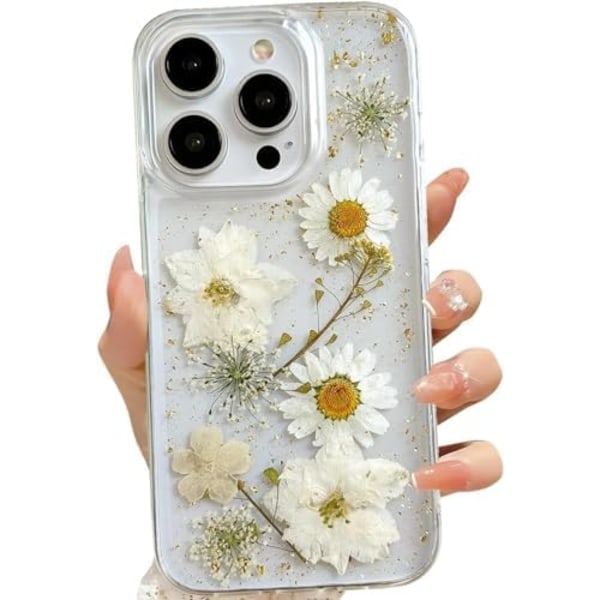 iPhone 16 Plus Case with Real Flowers Design, Transparent Glitter Floral TPU Slim Soft Protective Case for Women