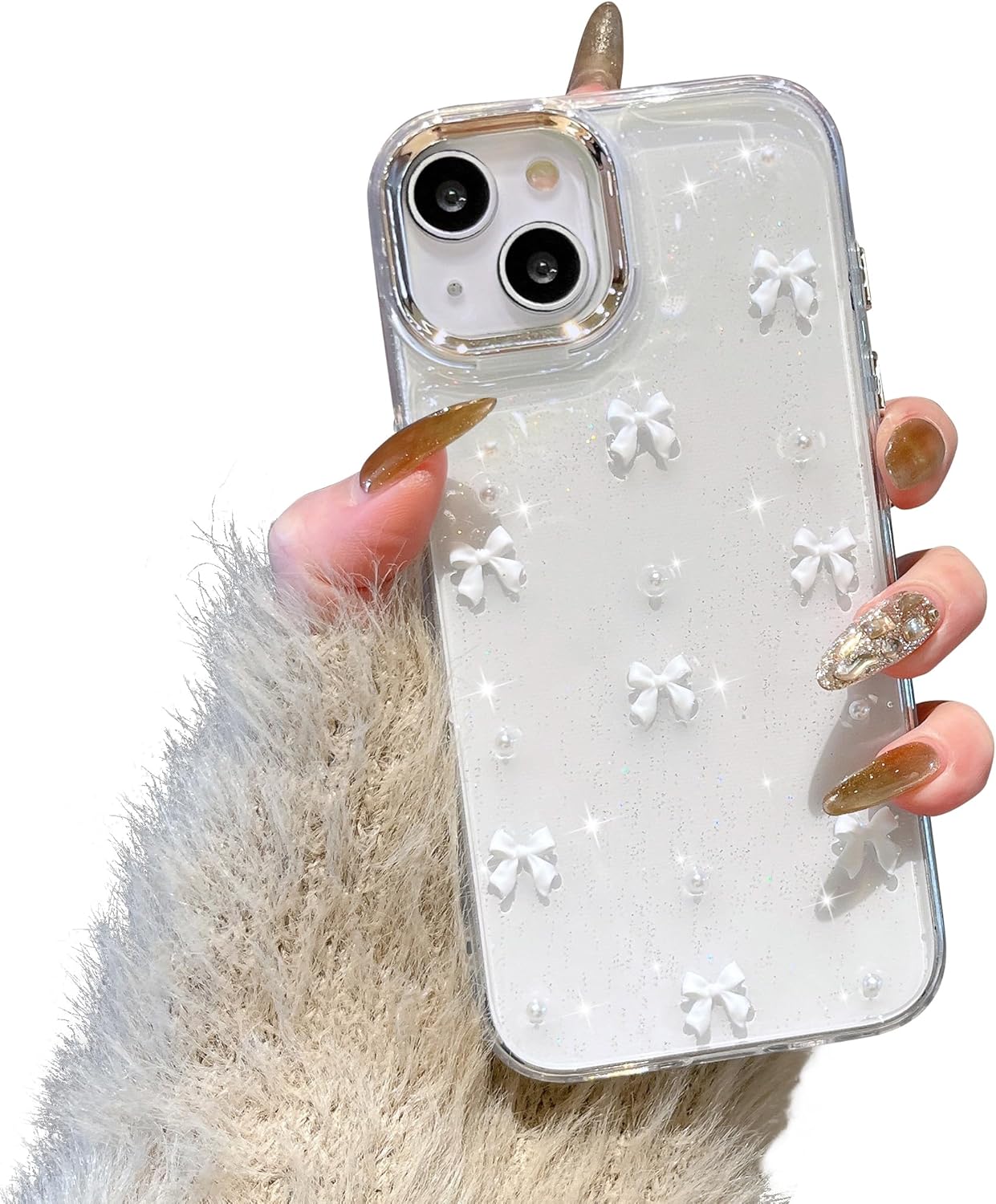 White Transparent Bowknot iPhone 14 Plus Case Cute 3D Thin Soft Durable Mobile Cover