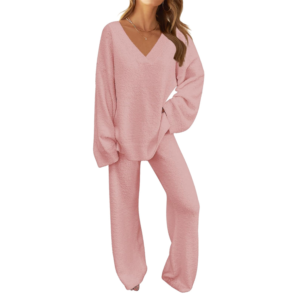 Women's 2-Piece Fleece Pajama Set Long Sleeve Loungewear Pink Size 2XL