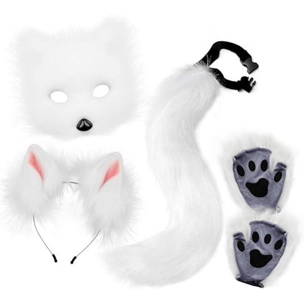 Fox Tail and Ears Cosplay Set, White Plush Mask with Cat Ears, Tail, and Paw Gloves for Halloween
