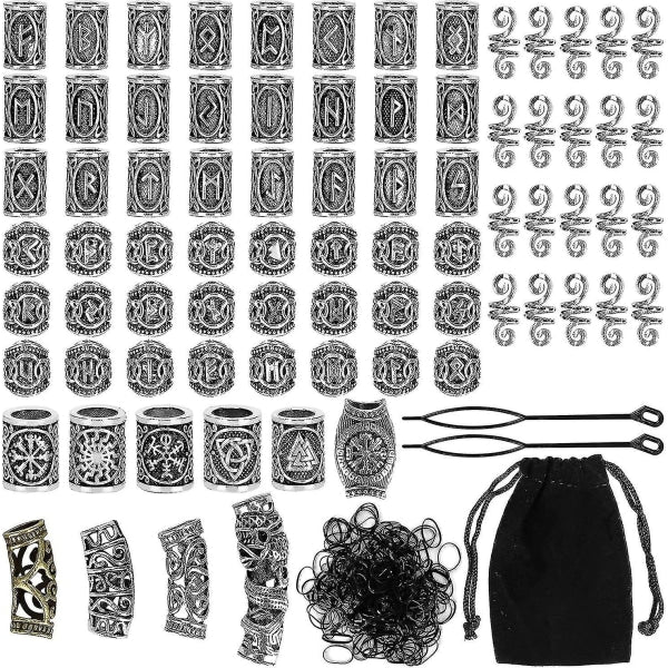 Kryc 80 Rune Beads Set with 300 Rubber Bands for DIY Viking Beard and Hair Beads Antique Nordic Jewelry Braided Bracelet Pendant