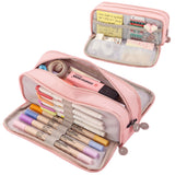Large Capacity Pencil Case, 3 Compartments, Bag, School Pink
