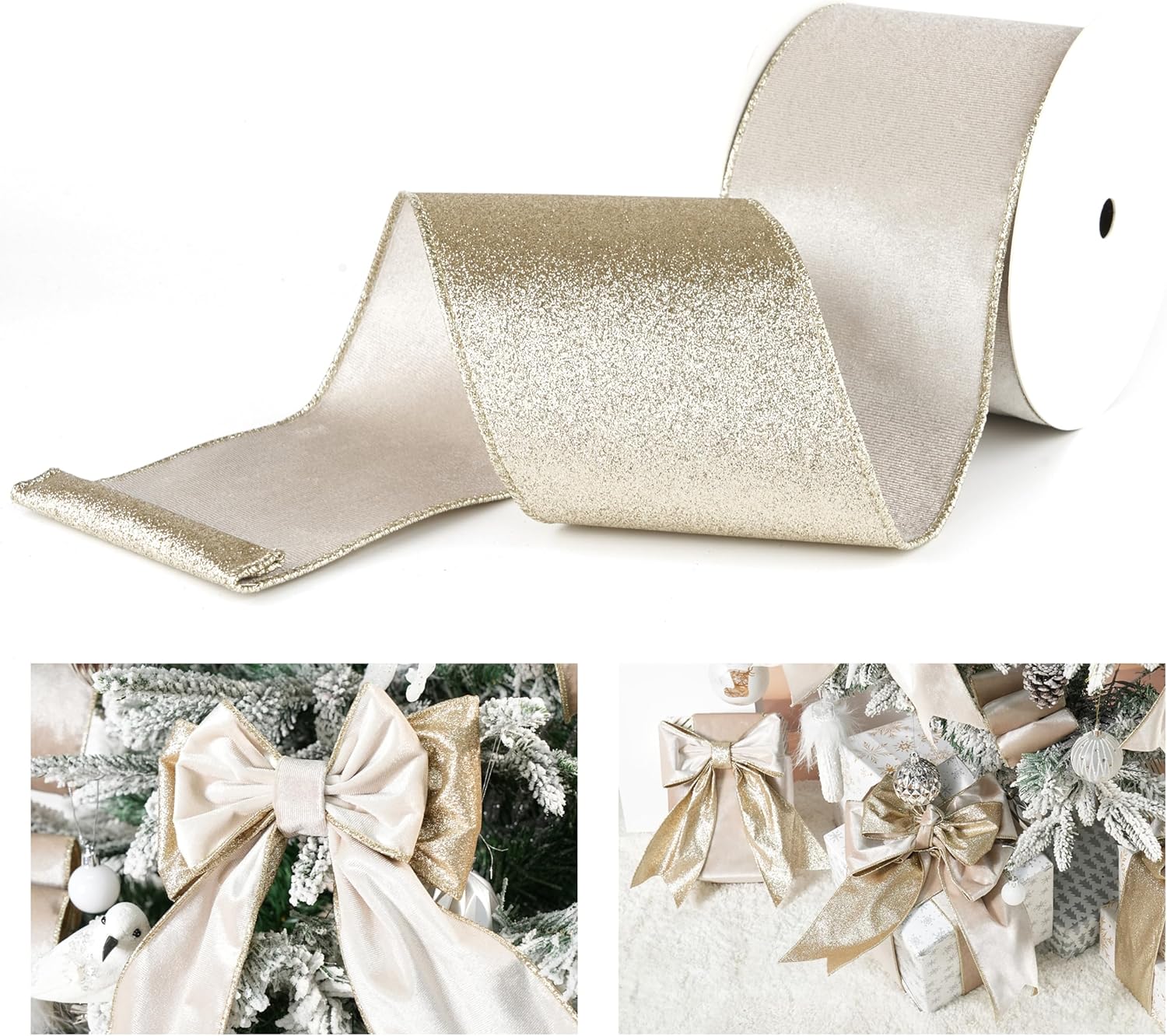 Champagne Velvet Wired Ribbon with Glitter Back 4 Inch Ivory and Gold Christmas Wired Ribbon for Christmas Tree Decorations, Gift Wrapping, Mantel, Wreaths Supplies, Topper Bows (10 Yards)
