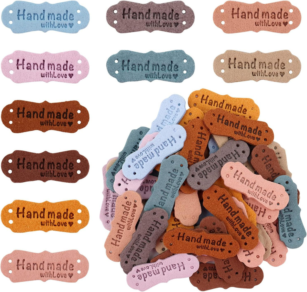 SAVITA 50 x Handmade Leather Labels with Microfibre Woven Leather Labels with Love Hearts for Crafts, Knitting, Handbags, Clothes (10 Colours)
