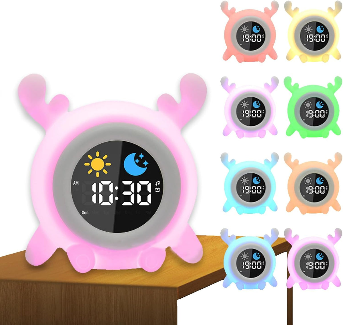 Alarm Clock, 8 Colors Adjustable Alarm Clock for Bedroom with 6 White Noises and 6 Ringtones, Cute Rechargeable Cartoon Sunrise Alarm Clock with LED Display for All Ages (A)