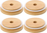 4 Pack 86mm Wide Mouth Bamboo Mason Jar Lids with Straw Hole Reusable Bamboo Caps Leak-Proof Glass Canning Drinking Storage Jars Lid