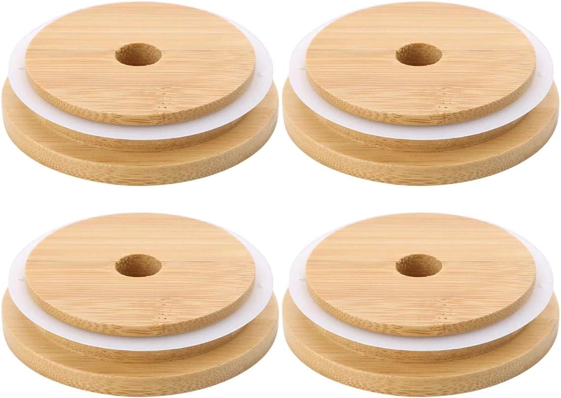 4 Pack 86mm Wide Mouth Bamboo Mason Jar Lids with Straw Hole Reusable Bamboo Caps Leak-Proof Glass Canning Drinking Storage Jars Lid