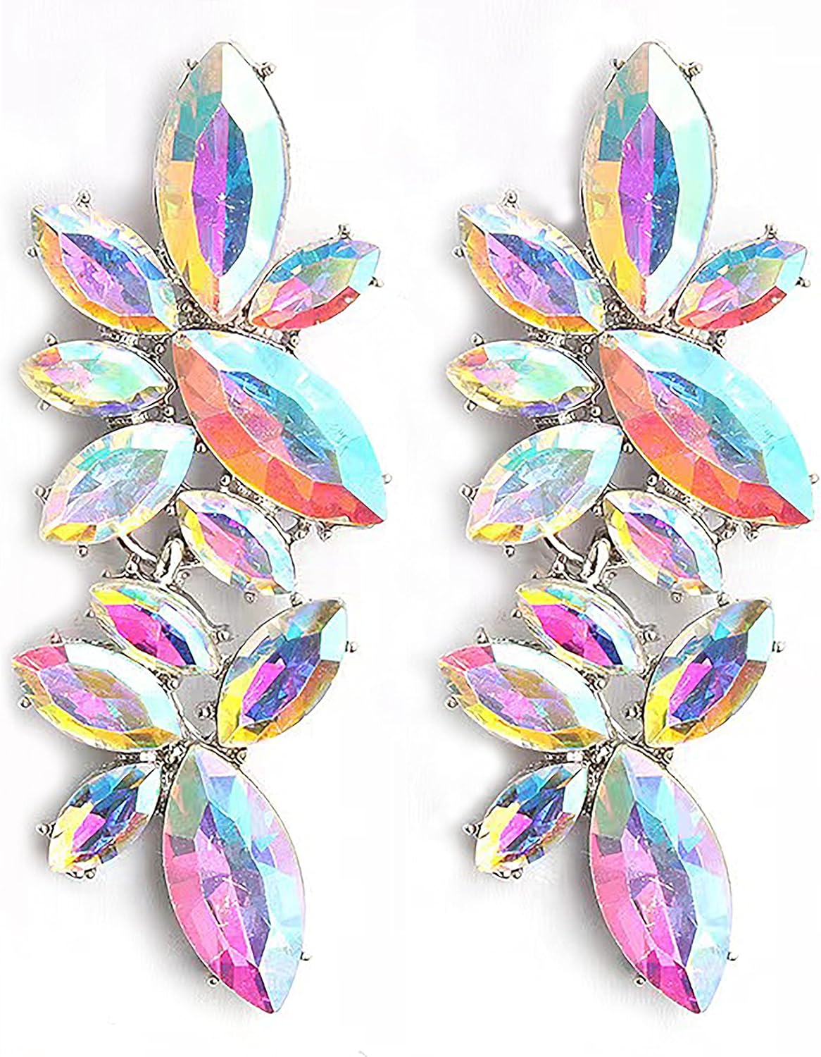 Iridescent Rhinestone Earrings for Prom, Sparkling Bridal Cluster Drop Dangle Stud Earrings, AB Crystal Pageant