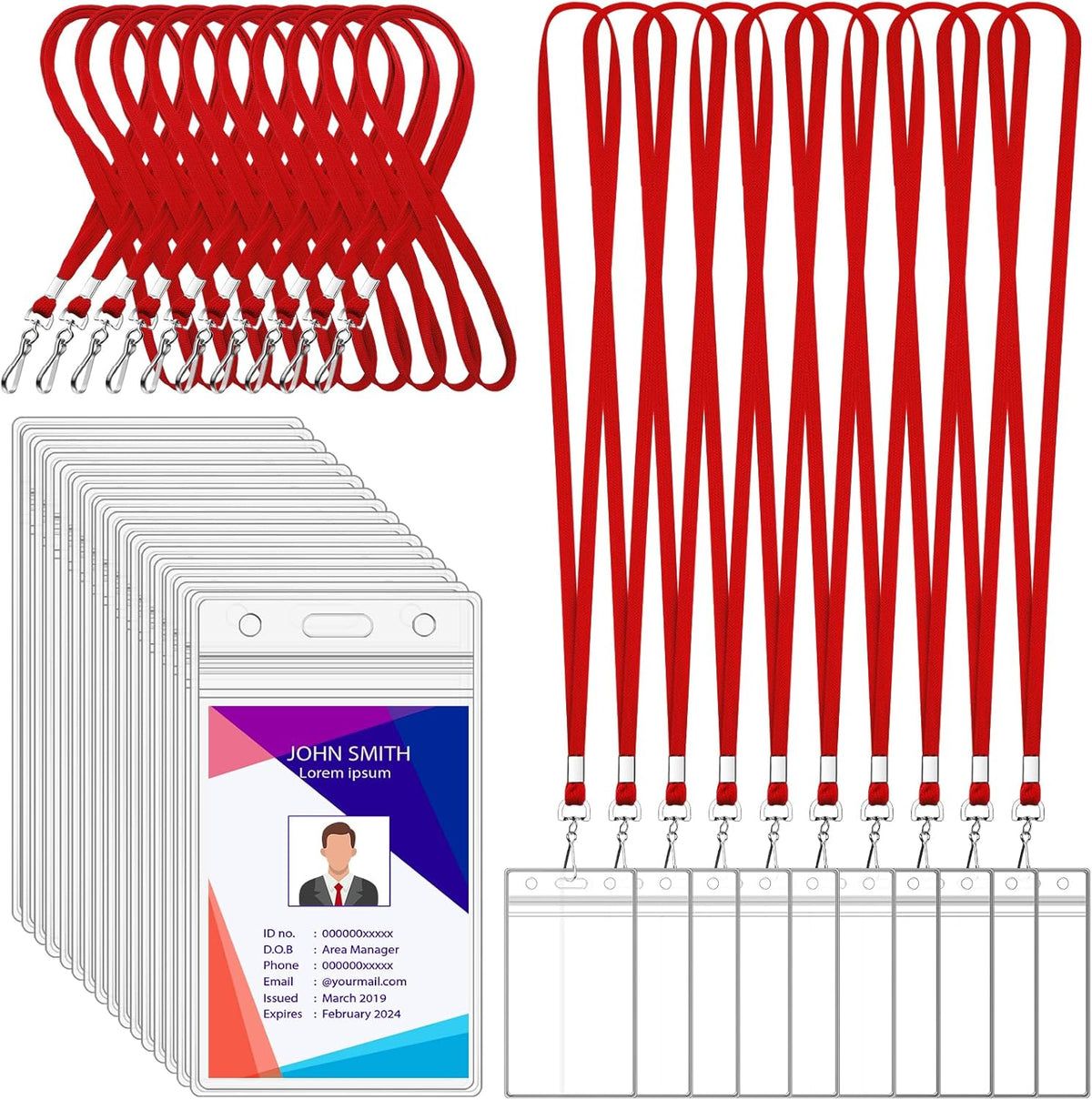 100 Pack Badge Lanyards with ID Card Holders Red Lanyards with Vertical Waterproof ID Badge Holder for Office, School, Travel (Red)