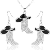 3pcs Western Cowgirl Accessories Set, Rhinestone & Enamel Cowboy Hat & Boots Dangle Earrings and Matching Necklace Country Concert Western Dress-Up Accessory for Women