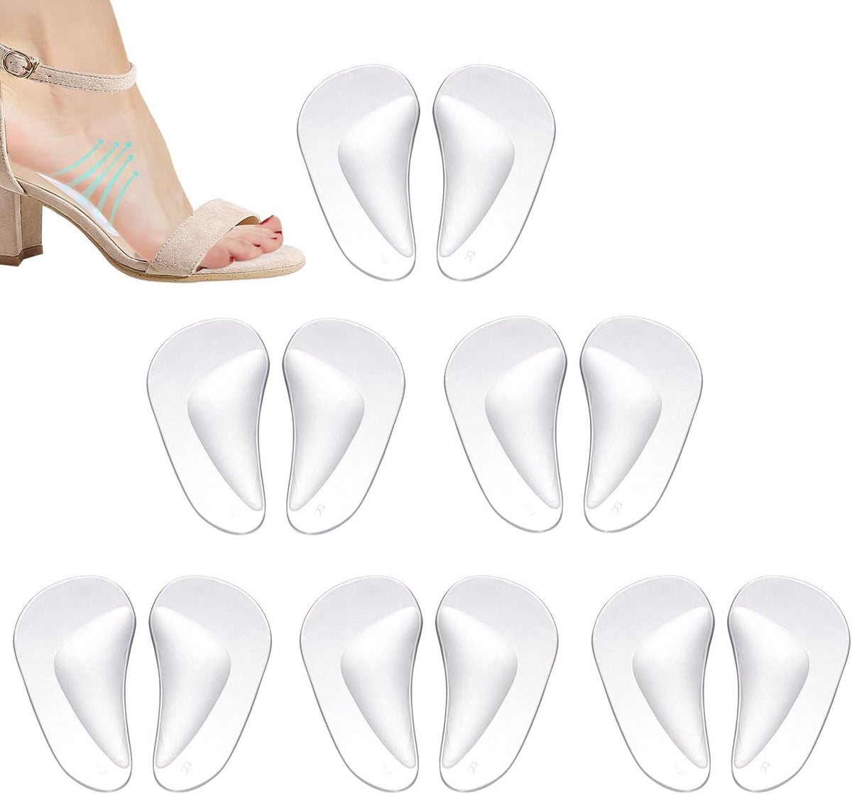 12pcs Arch Support Insoles, Transparent Gel Self-Adhesive Arch Support Shoe Inserts Soft Silicone Foot Arch Cushions Arch Comfort Pads for Women High Heels Sandals Flat Shoes