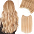 Halo Hair Extensions Real Human Hair 16 Inch Halo Extensions for Women 100% Human Hair Invisible Wire Hair Extensions Golden Brown Hightlights Bleach Blonde 