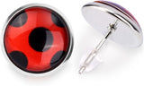 Red ladybug earrings with black spots and black bodies.