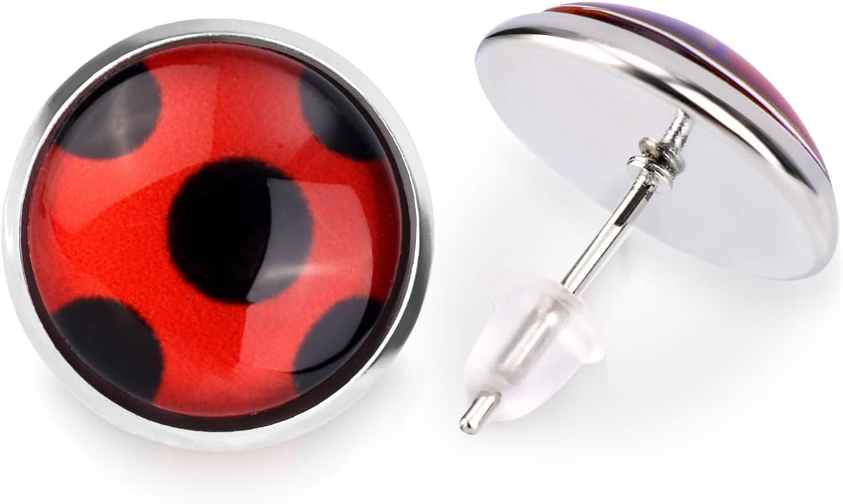 Red ladybug earrings with black spots and black bodies.