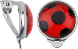 Silver clip-on ladybug earrings with red enamel bodies and black details.