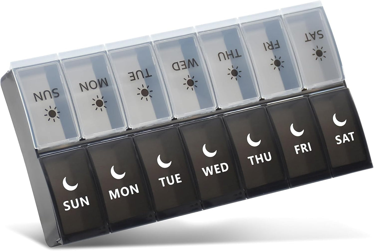 Large Pill Organizer 2 Times a Day, Weekly Pill Case, AM PM Pill Box, Day Night Pill Container 7 Day, Vitamin Case Medicine Dispenser Twice a Day (Black & White)