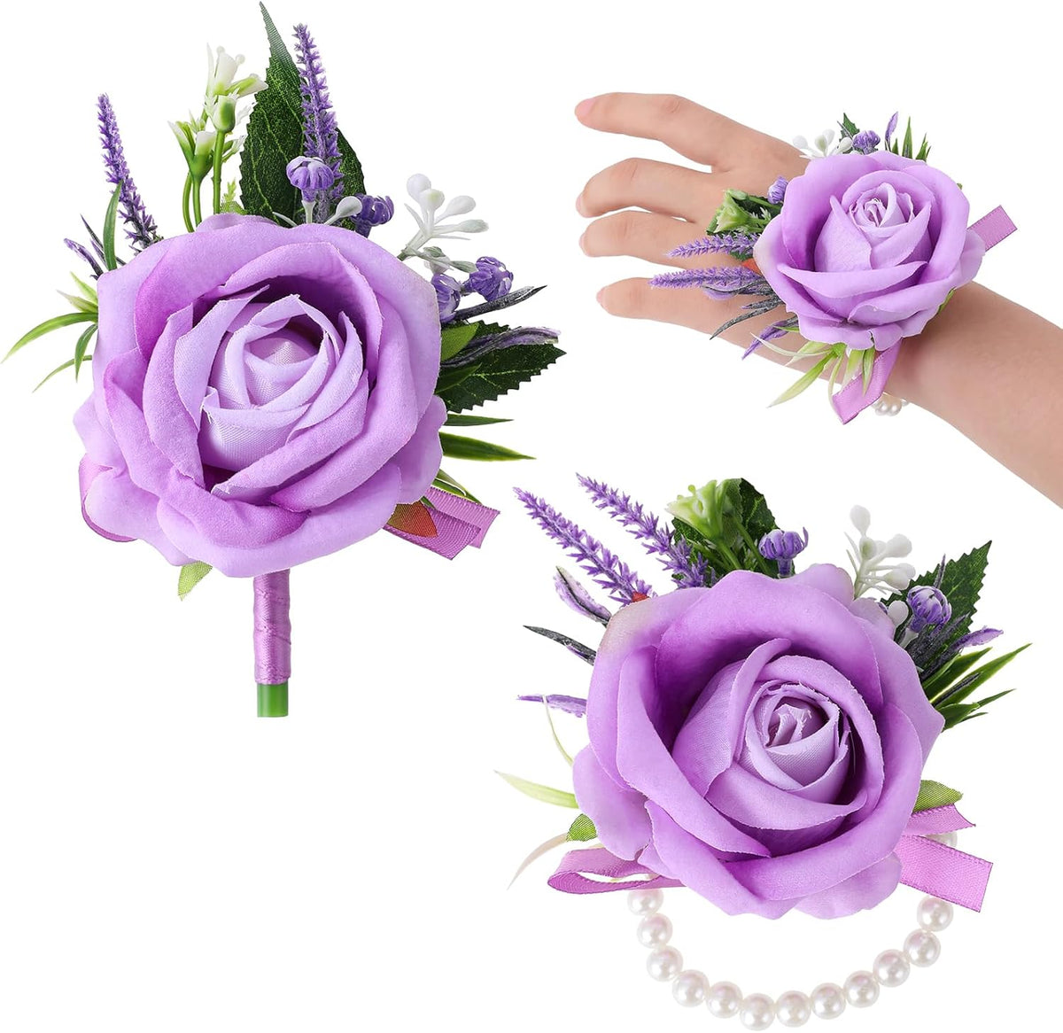 Purple Corsage and Boutonniere Set Handmade Artificial Flower Bride Wrist Corsage Bracelets Men Boutonniere Flowers Accessories Wristband for Wedding Prom Homecoming Party
