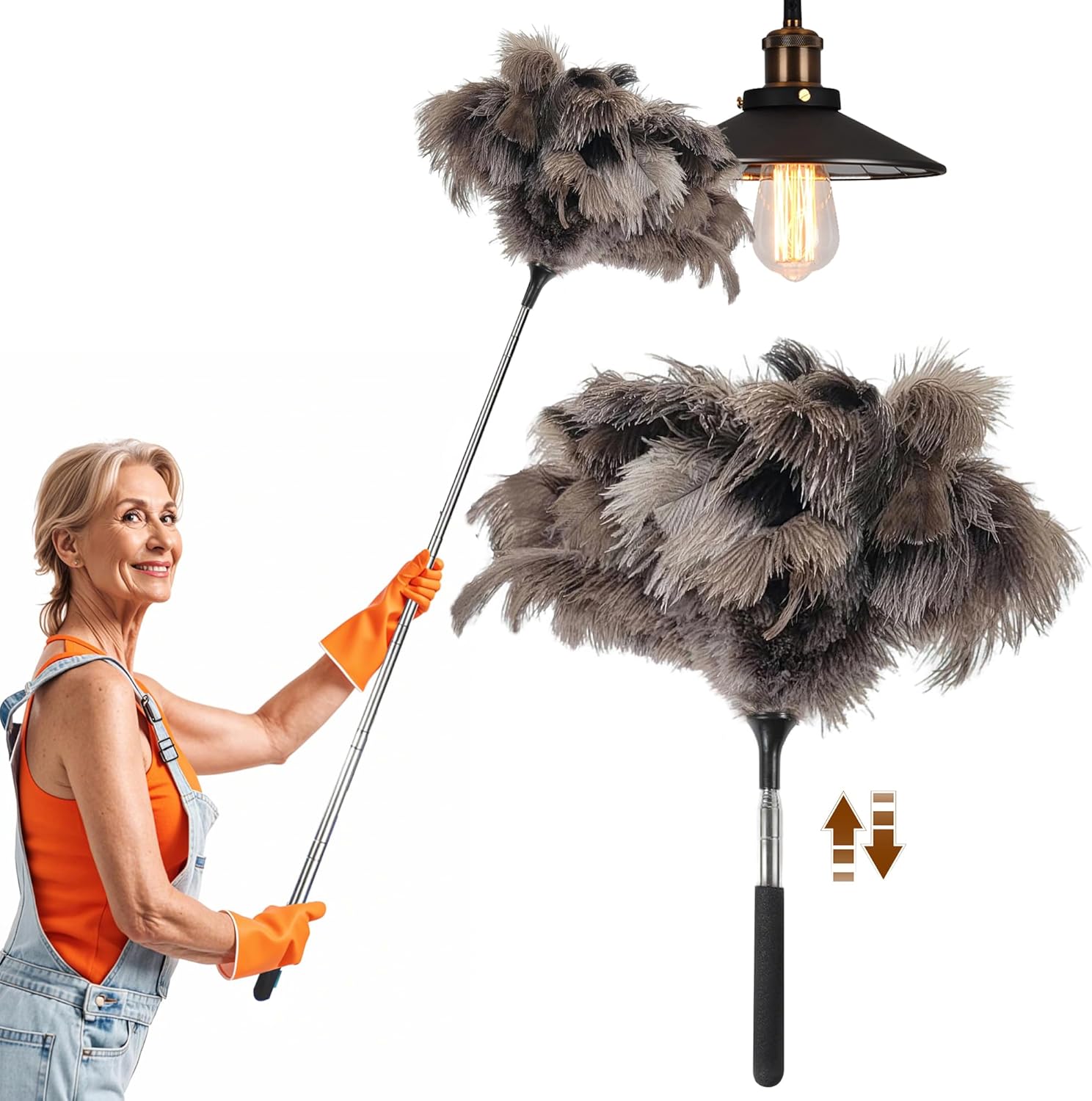 40 inches Extendable Ostrich Feather Duster， Fluffy Long Handle Reusable Duster for Cleaning Ceiling Fans, Pendant Lamps, High Ceilings, Blinds, and Furniture