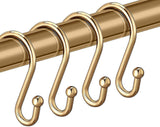 Stainless Steel S-Shaped Shower Hooks for Bathroom Curtains and Clothes, Set of 12, Gold Finish, Brass