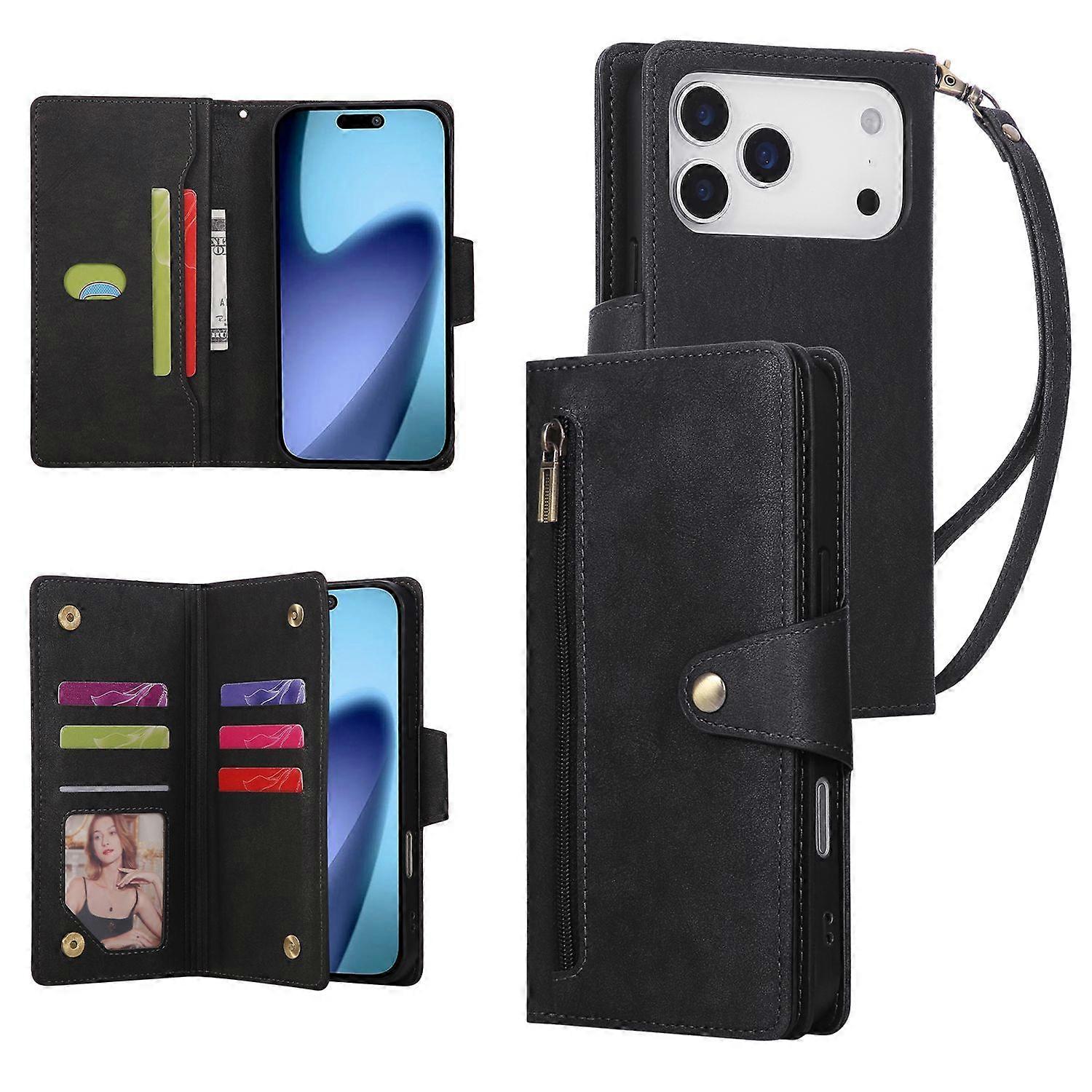 Magnetic Leather Wallet Card Holder Compatible with iPhone 17 Pro Max Black