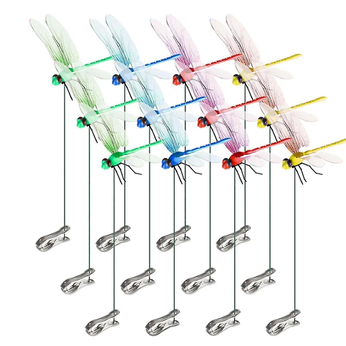 12pcs Artificial 3D Dragonfly Clips for Outdoor Garden Decor, Gardening