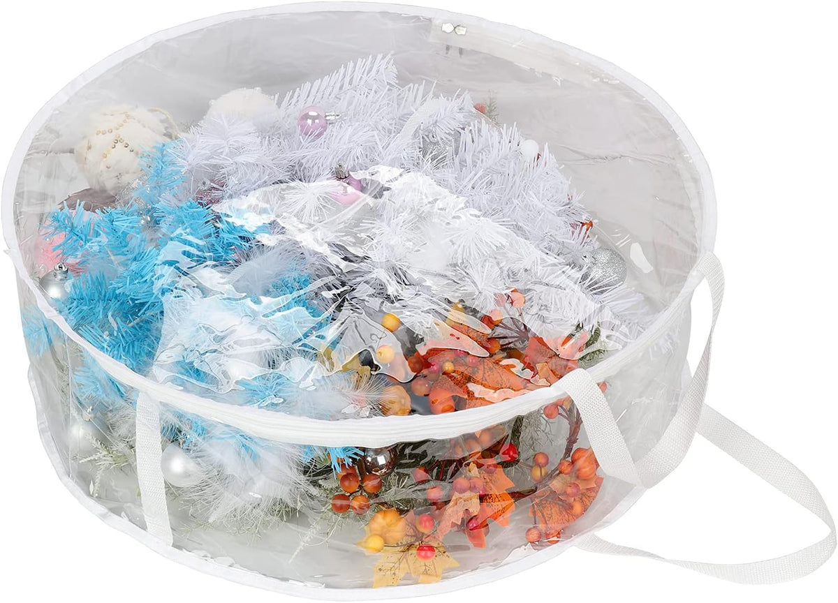 2Pcs Christmas Wreath Storage Container 20 Inch Clear Wreath Storage Bags Round Durable Wreath Bags Clear Everyday Bag with Dual Zippers and Sturdy Handles for Holiday Christmas Wreaths