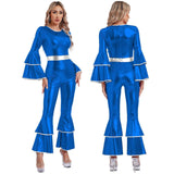 Bell Bottom Jumpsuit Royal Blue M Vintage 70s Disco Shiny Romper Cheerleading Uniform for Halloween Cosplay Theme Party and Muscle Suit