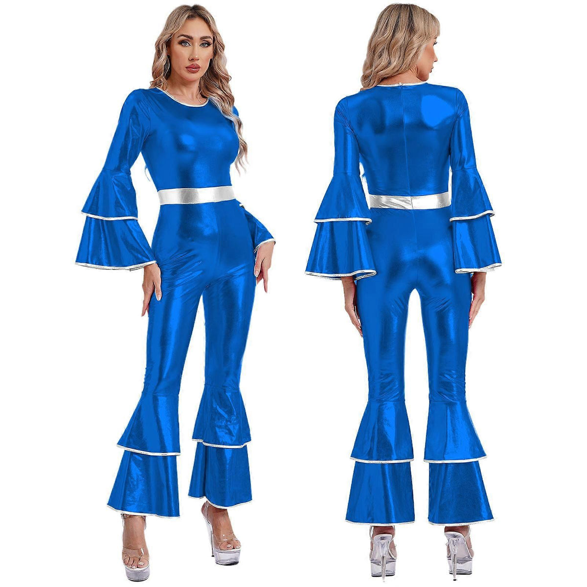 Bell Bottom Jumpsuit Royal Blue M Vintage 70s Disco Shiny Romper Cheerleading Uniform for Halloween Cosplay Theme Party and Muscle Suit