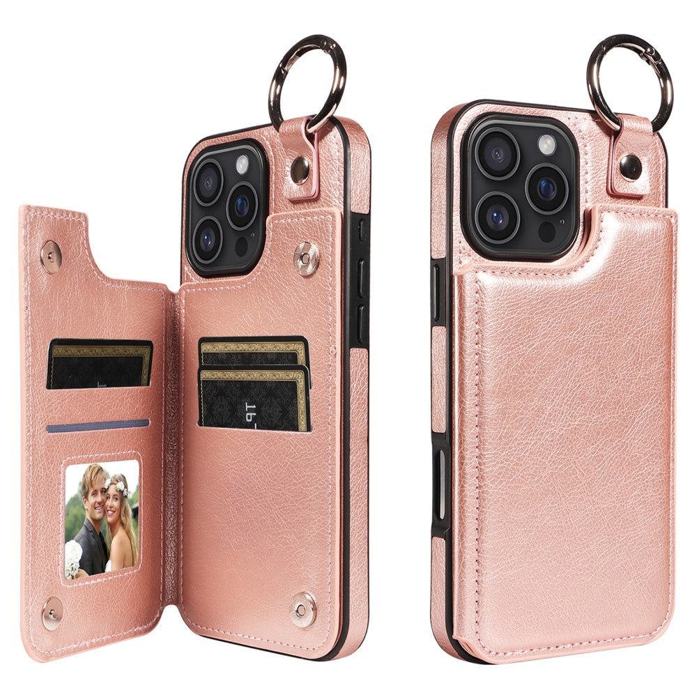 Compatible with Apple iPhone 16 Pro Max Case with Ring and Card Holder, PU Leather, Rose Gold Pink, Skalo