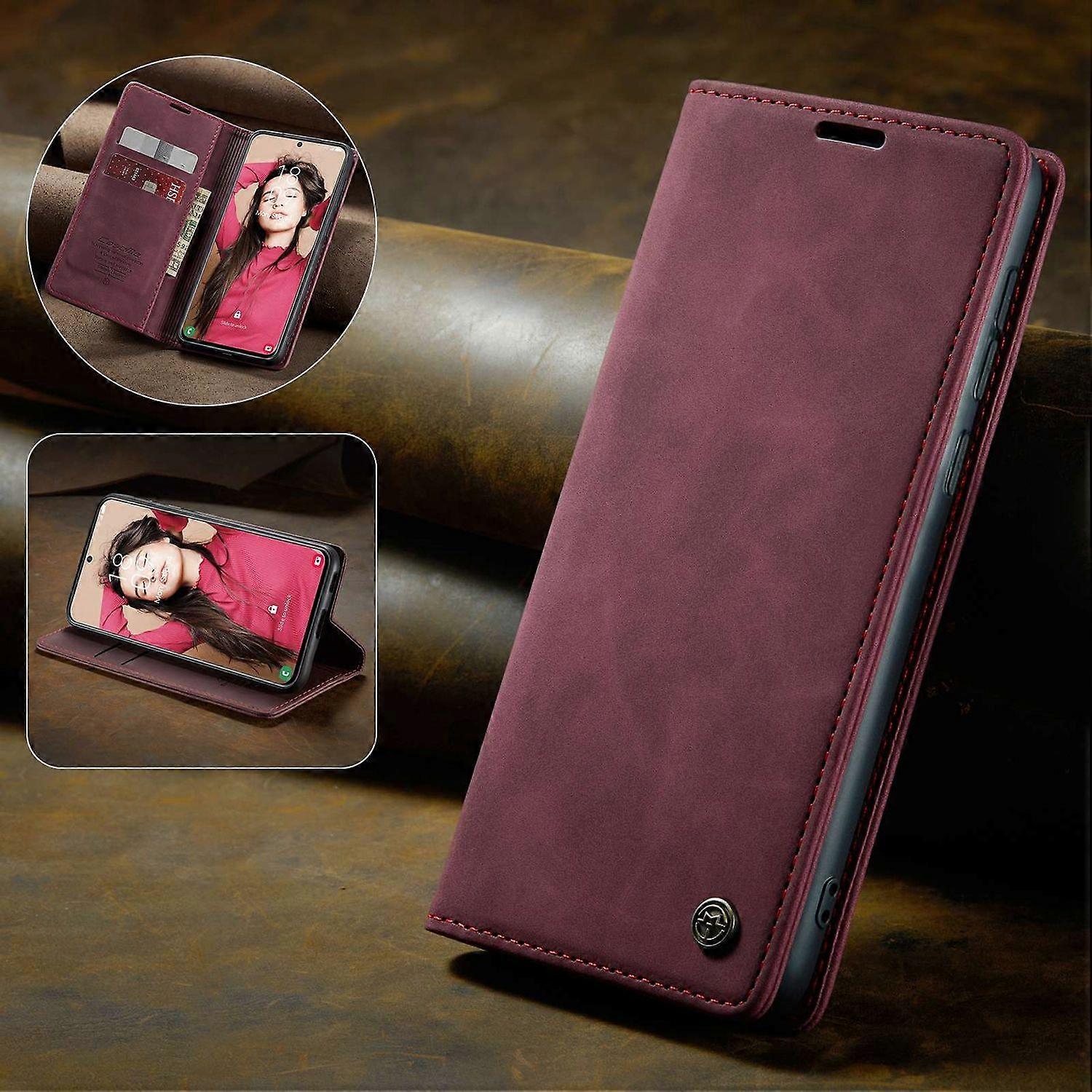 Compatible with Samsung Galaxy S21 FE Wallet Case Stand with Automatic Suction PU Leather Case Red Samsung