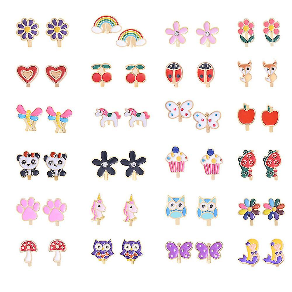 24 Pairs Girls Clip-on Earrings Children Cute Flower Metal Earring Princess Dress Up
