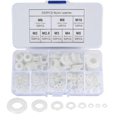 Nylon Flat Washers Assortment Kit, 500 Pieces, White, M2 M2.5 M3 M4 M5 M6 M8 M10 Insulation Round Spacers