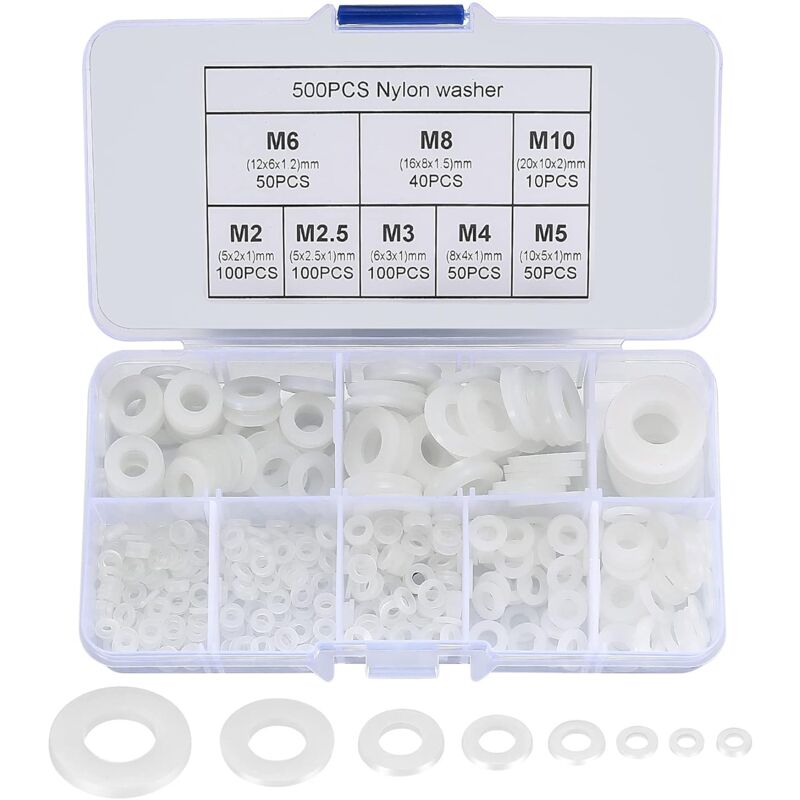 Nylon Flat Washers Assortment Kit, 500 Pieces, White, M2 M2.5 M3 M4 M5 M6 M8 M10 Insulation Round Spacers