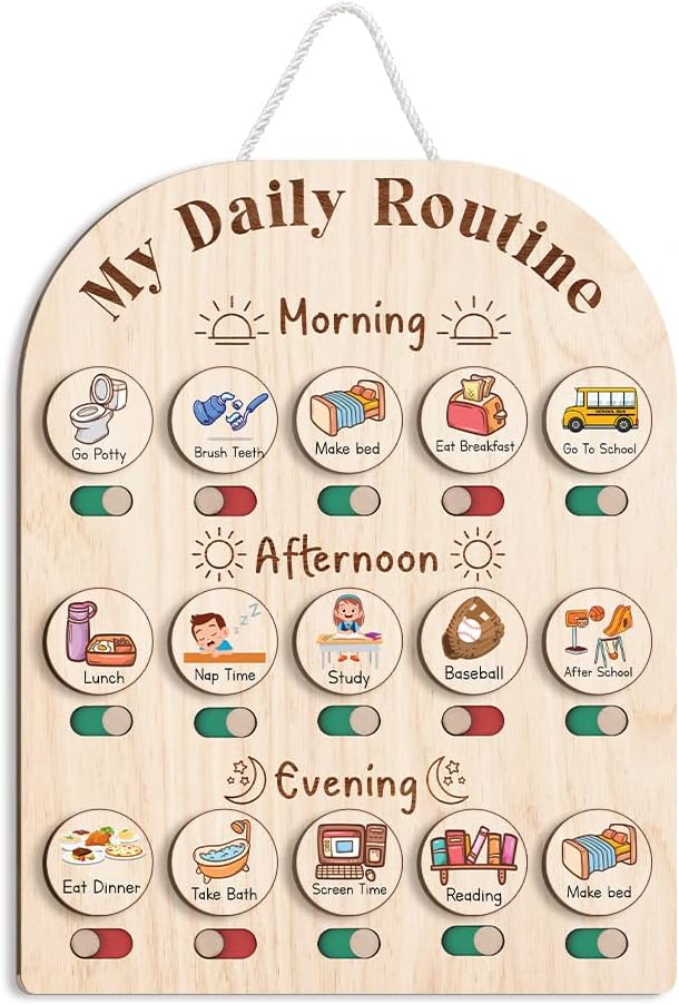 Daily Routine Chart for Kids, Visual Schedule, Routine Chart for Toddlers 3-5, Morning Bedtime Routine Chart for Toddlers, Wooden Chore Chart for Kids