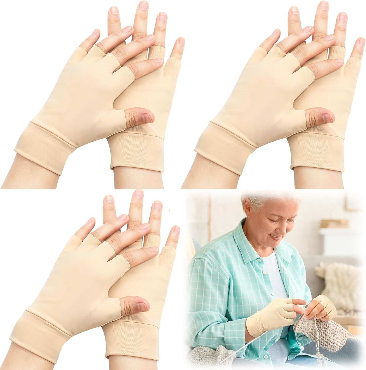 3 Pairs Elderly Skin Thin Protector Gloves Tone Fingerless Gloves Bruise Abrasion Protective to Cover Bruising