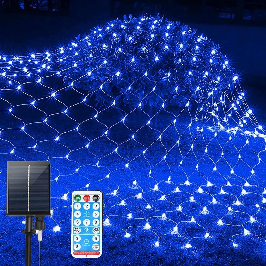Solar Net Mesh String Lights, 9.8ft x 6.6ft 192 LED Outdoor Waterproof LED Decorative Lights with Remote for Party Christmas Holiday Garden Patio, Blue