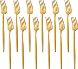 12 PCS Modern Stainless Steel Dinnerware Flatware Set, Reusable Popular Dinner Fork, Widely Use on Home, Restaurant, Party, 8.6 Inch, Gold