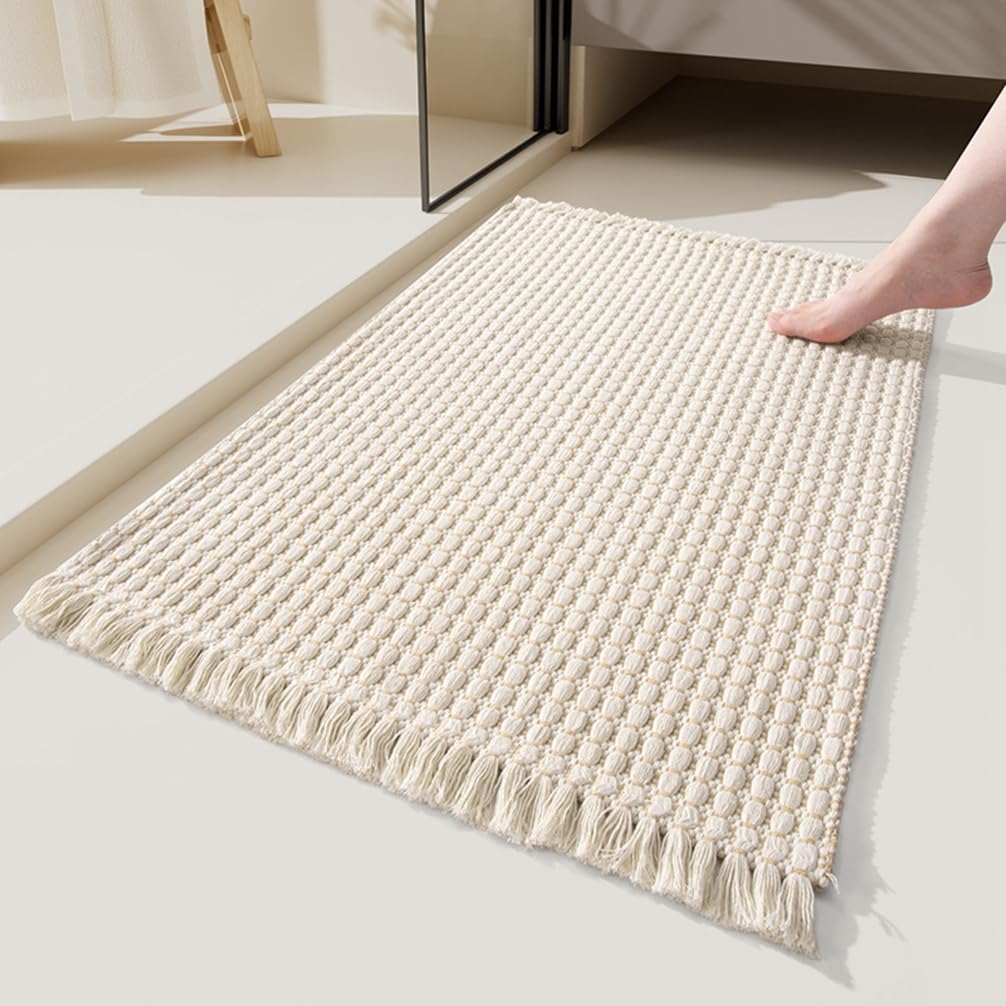 Soft Microfiber Farmhouse Bathroom Rug Washable Kitchen Mats Woven Non Slip Small Bath Mat with Pure Tassels,Tufted Braided Bath Rug for Entryway Doormat Laundry Room(20" X 32",Beige)