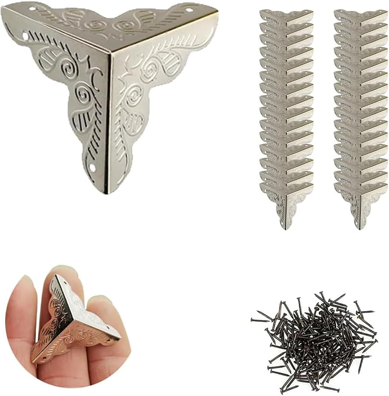 50PCS Dust Catchers for Stairs, Edge Corner Cover with Screws, Table Corner Protectors, Antique Stairs Dust Corners Decorative, for Tables, Walls & Baseboards (Silver, 1.38in)