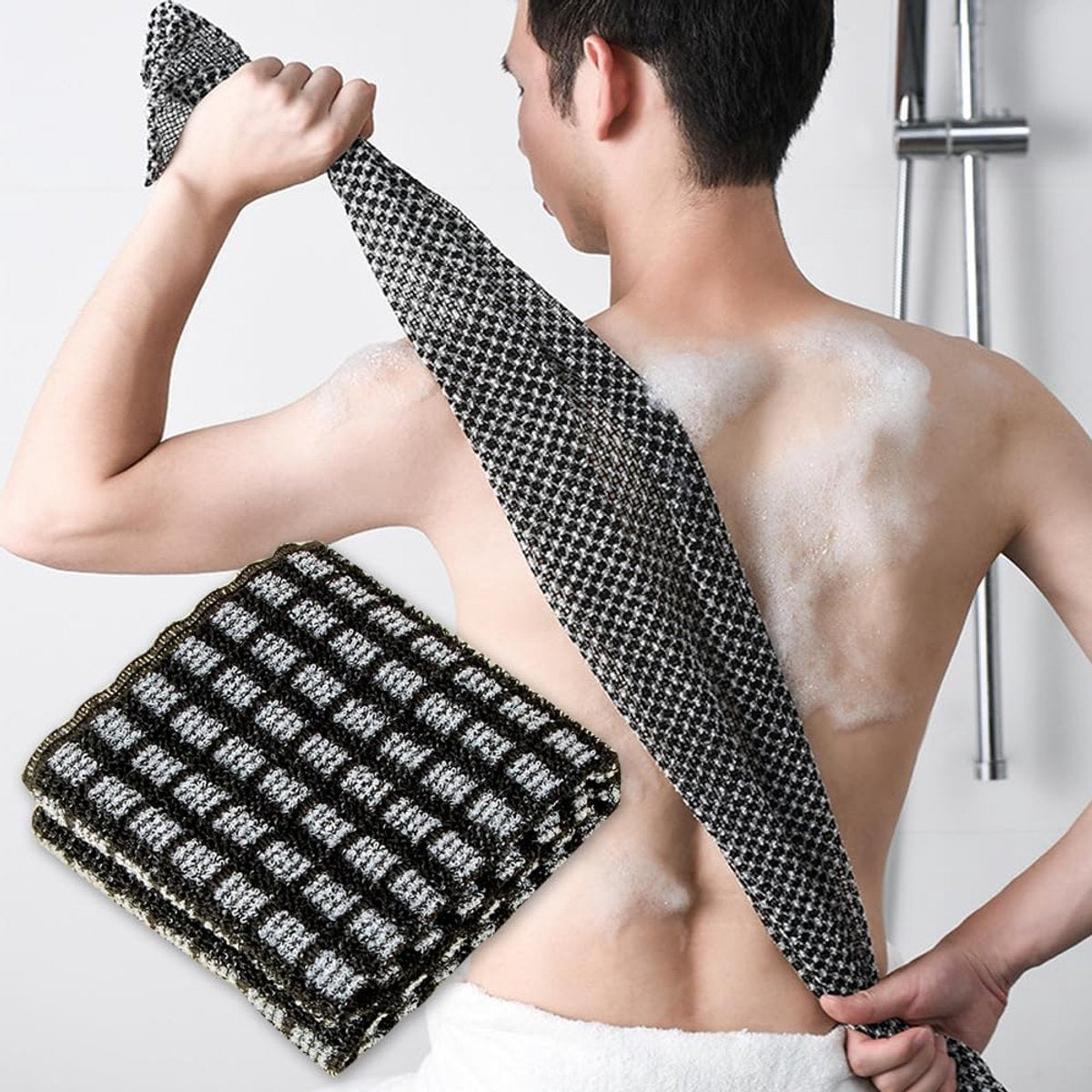 Back Scrubber Set | 2-Piece Exfoliating Shower Towel | Extra Long Exfoliating Washcloth for Men and Women - Scrub Cloth for Body Cleansing and Massage (Black-B)