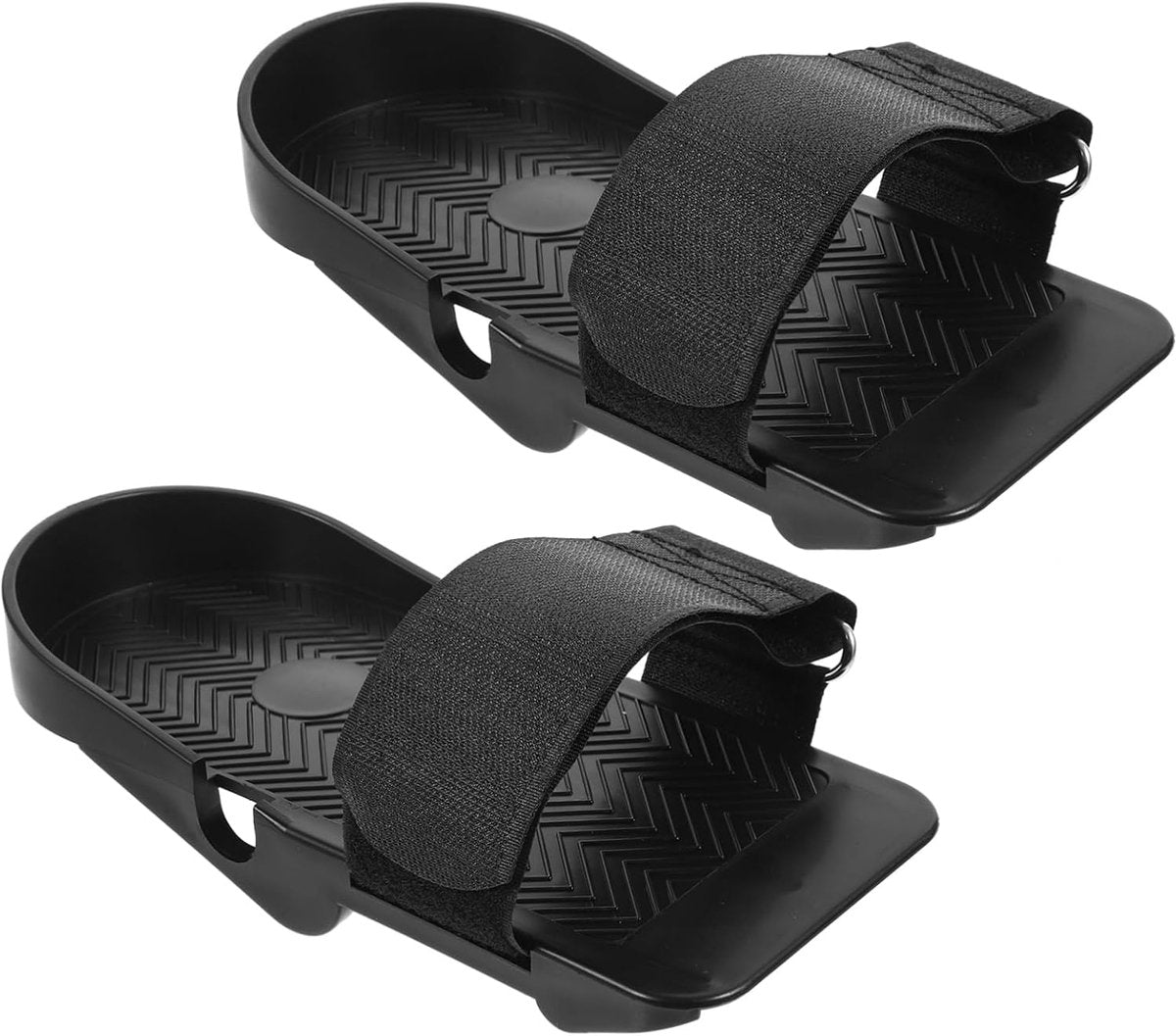 Adjustable flat pedals with non-slip surface for rowing machines.