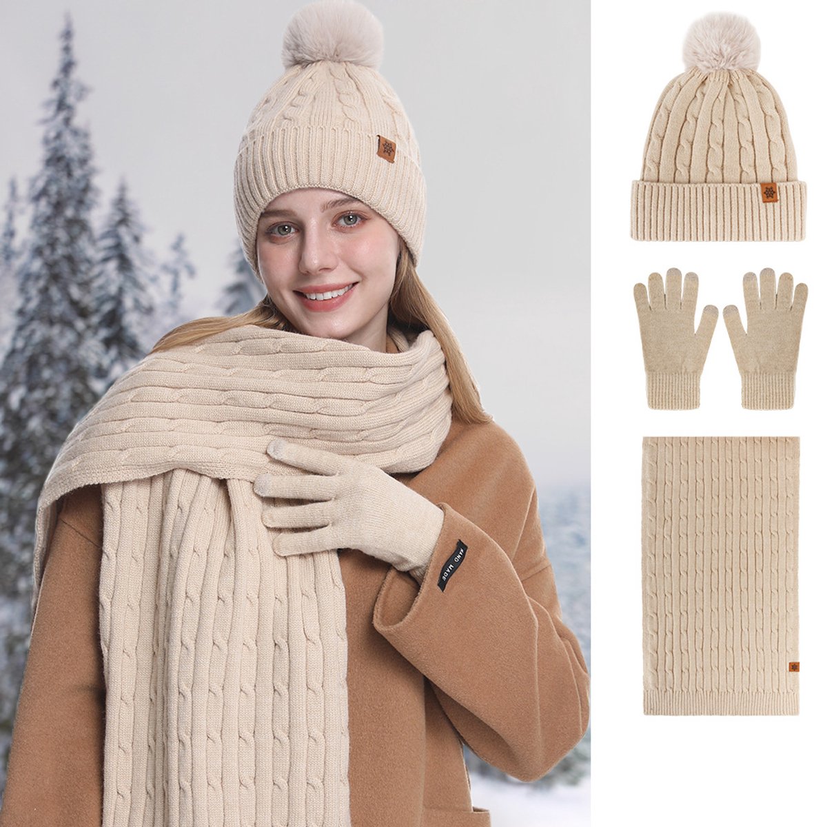 3-in-1 Hat, Scarf & Gloves for Women - Winter Warmth - Cycling Ear Warmers - Knitted Hat, Scarf & Gloves - Beige - Christmas Gift - Birthday Gift
