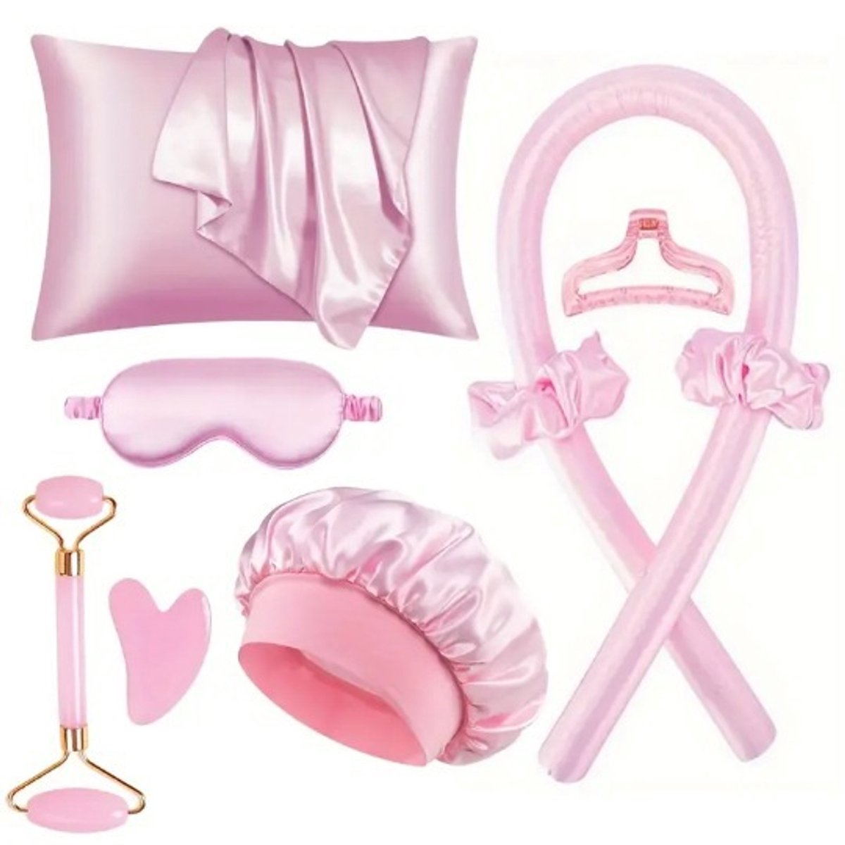 Hair Rollers - 9-Piece - Heatless Curling Iron - Heatless Curls - Curls without Heat - Includes Hair Clip and Satin Sleep Cap (Pink)
