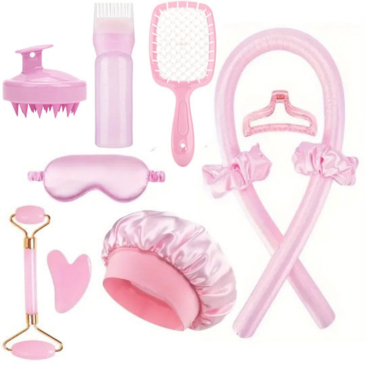 Hair Rollers - 11-Piece - Heatless Curling Iron - Heatless Curls - Curls without Heat - Includes Hair Clip and Satin Sleep Cap (Pink)