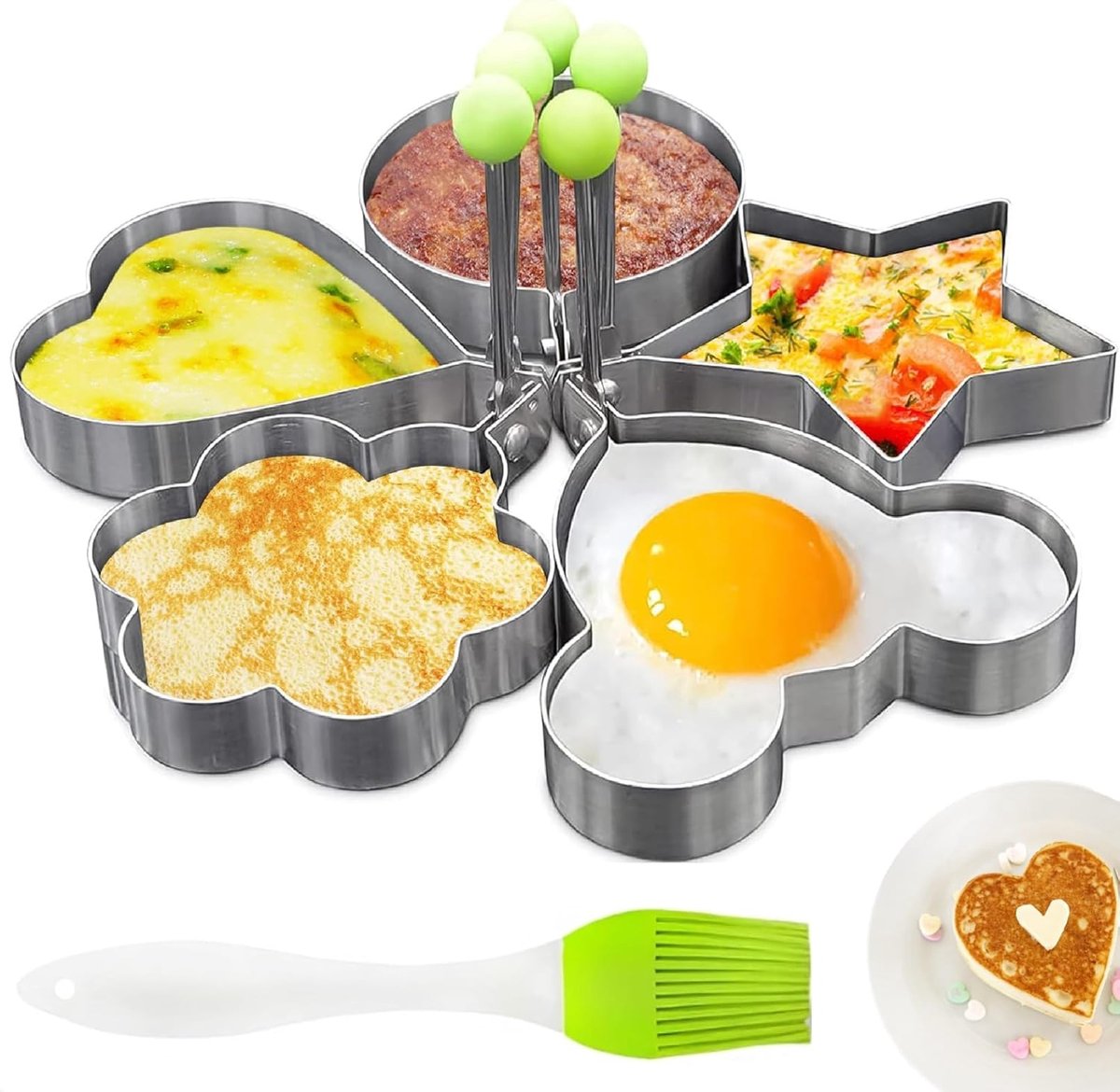 Stainless Steel Egg Baking Mold - 5 Pieces - Egg Baking Mold - Kitchen Utensils - DIY Model Egg Baking Mold - 5 Piece Creative Breakfast Set - Circle, Heart, Flower, Five-Pointed Star and Mickey Mouse Shapes